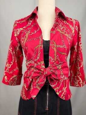 Mischa Red Chain Print Tie Front Blouse Gold Baroque Style Top PS
